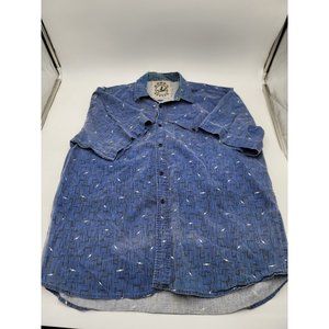 Rodeo Active Mens Button Front Shirt Blue Geometric Short Sleeve Pocket Cotton L